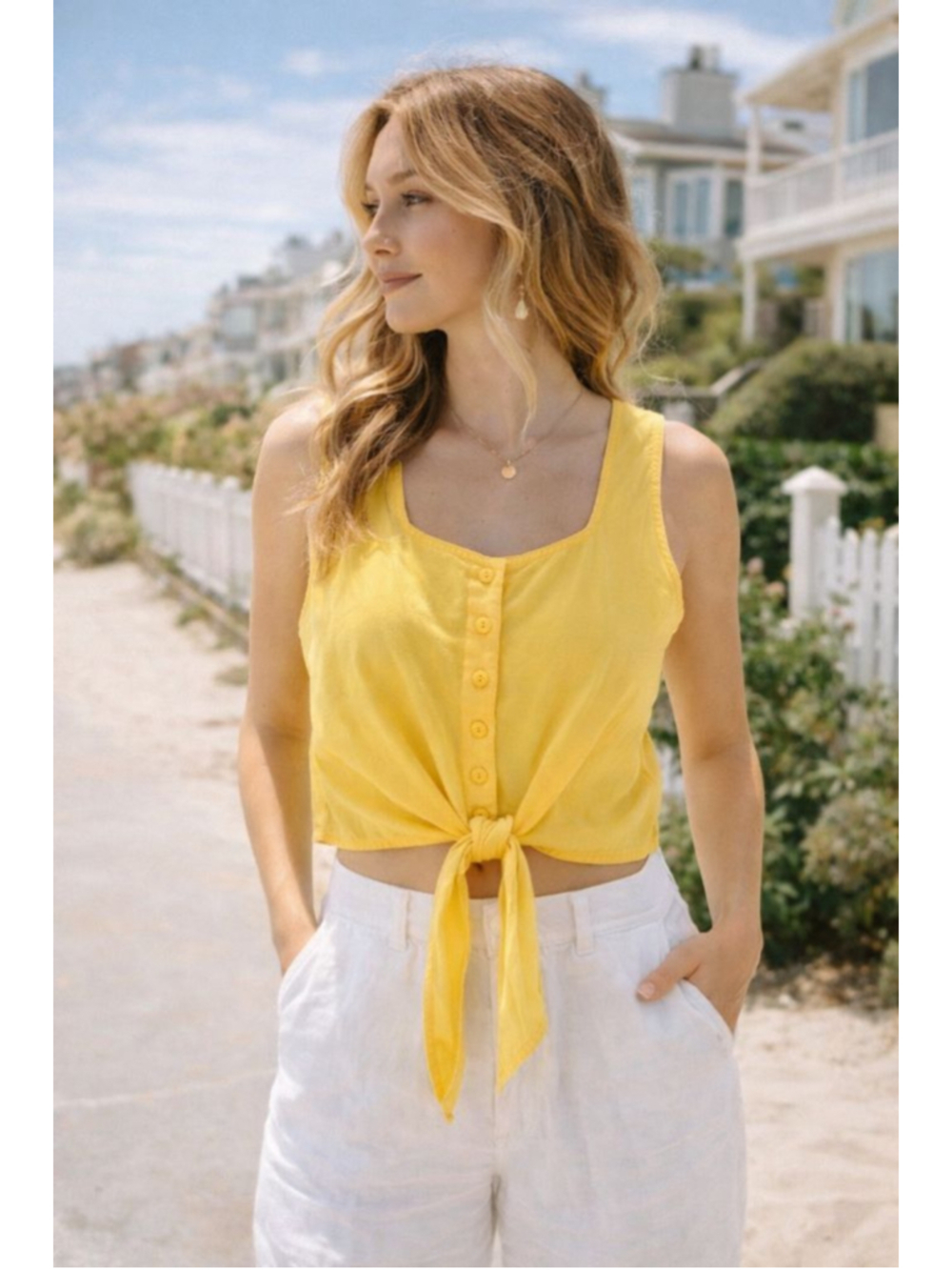 Victoria Harbour Yellow Tie Front Crop Top Button Front Summer Blouse L